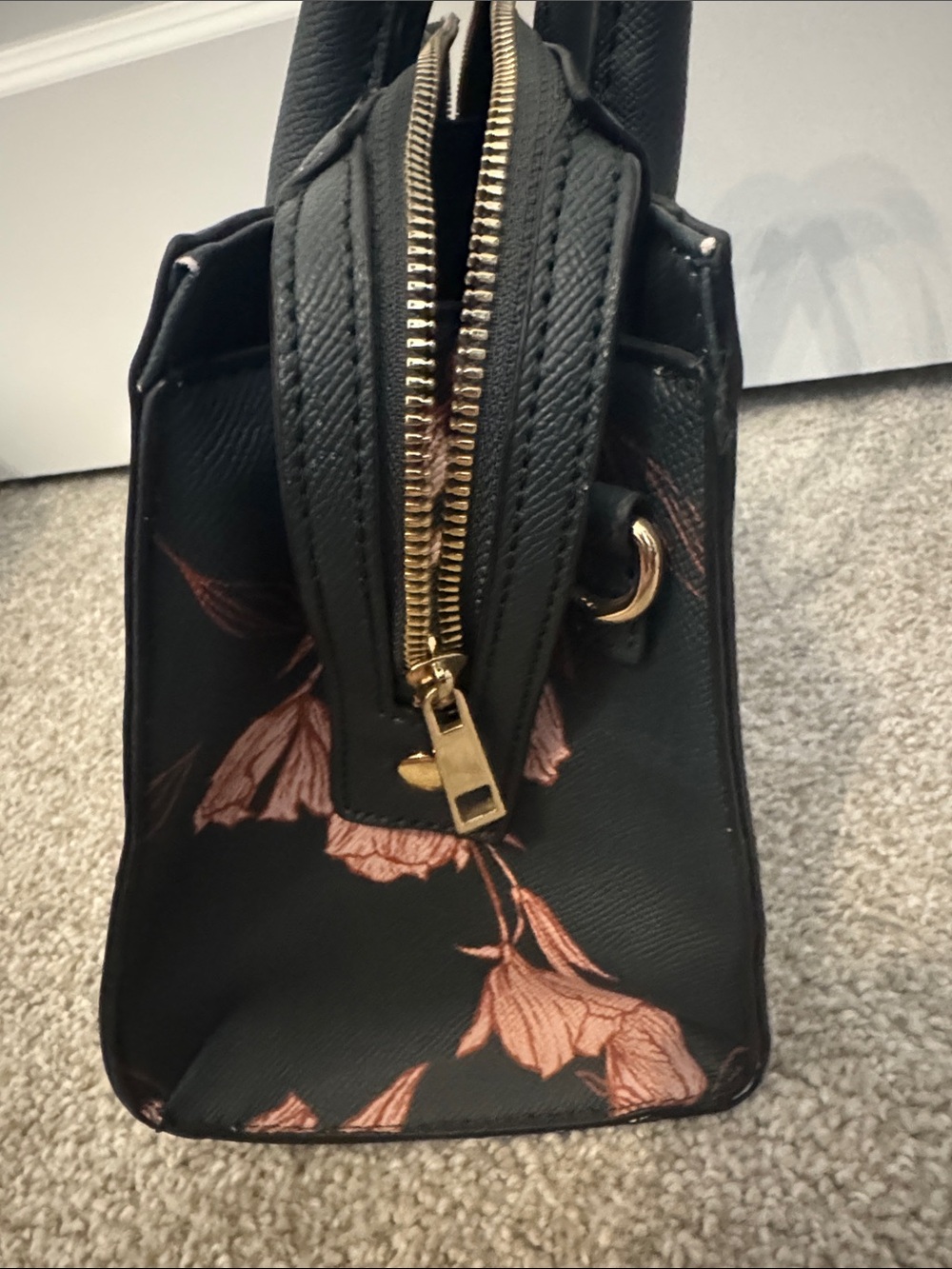 a new day Dark Green Satchel with Blush Pink Floral Print and Gold Accent - Picture 7 of 8